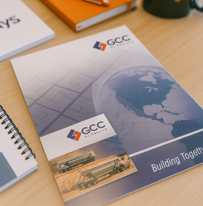 Branding and print materials on a desk